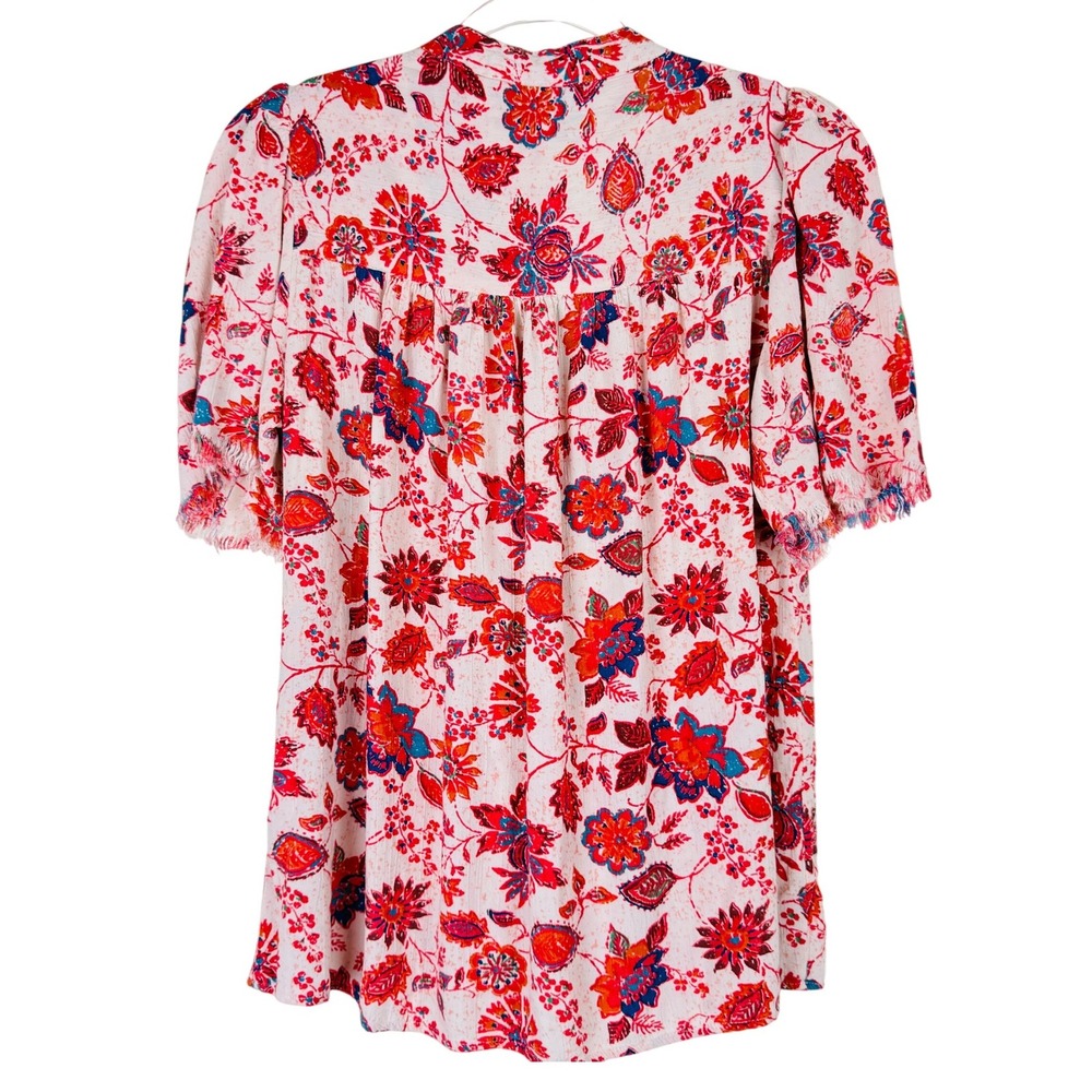 Boho Floral Puff Sleeve Top Size S Embroidered V-Neck Paisley Lightweight Beach - Picture 3 of 7